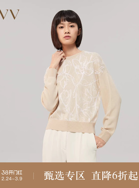 OVV秋冬女装提花刺绣落肩袖亲肤柔软水溶羊毛长袖针织衫