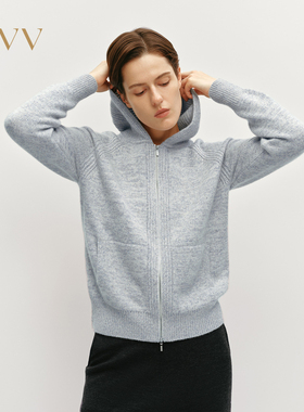 OVV秋冬热卖女装双头拉链设计羊绒休闲连帽外套针织开衫