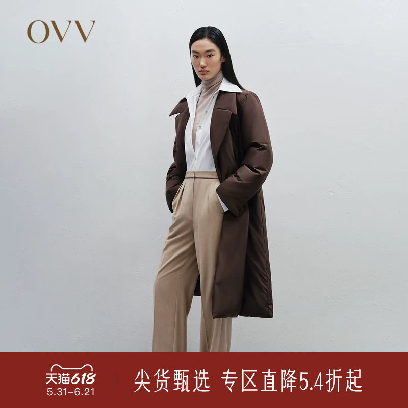 OVV秋冬新款女装优雅戗驳领双排扣长款大衣式羽绒服