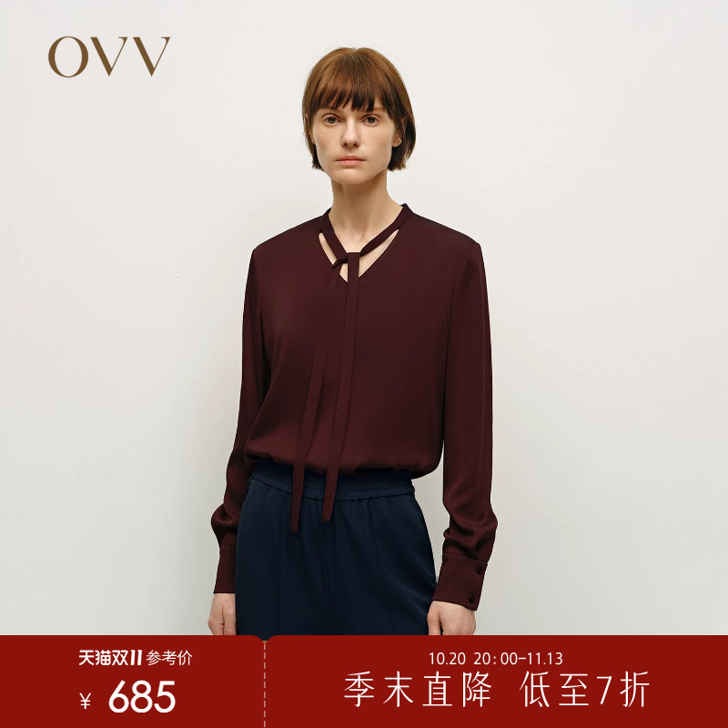 OVV春夏热卖女装简约V领飘带优雅通勤长袖休闲衬衫