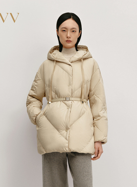 OVV秋冬热卖女装中长款连帽随附腰带直筒保暖羽绒服