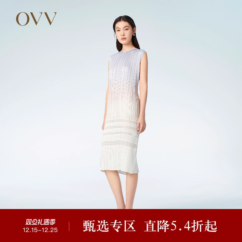 OVV春夏热卖女装渐变印花褶皱肌理感中长款无袖连衣裙
