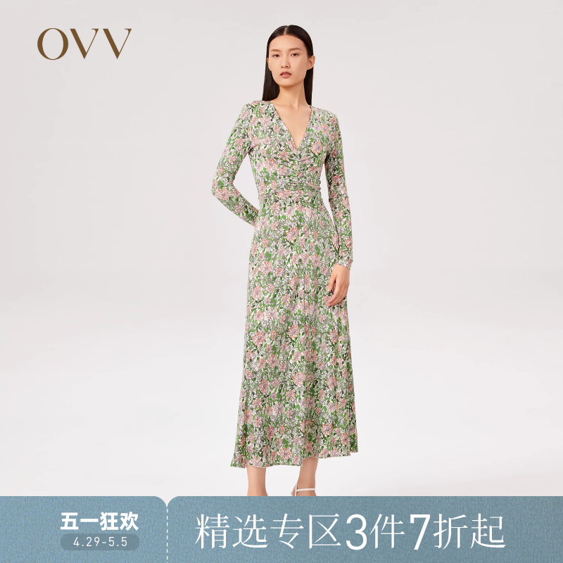 OVV秋冬热卖V领针织碎花印花法式茶歇长袖连衣裙GQLCJ31106A