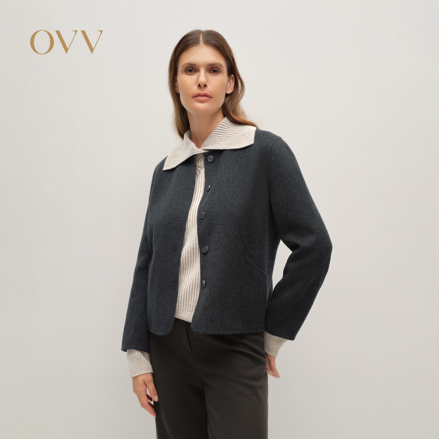 OVV秋冬新款女装直筒小圆领羊毛双面呢休闲夹克外套