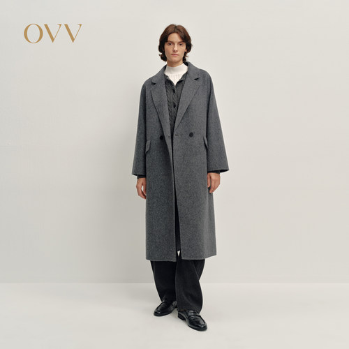 OVV2025秋冬新款女装两粒扣平驳领直筒休闲优雅羊毛大衣