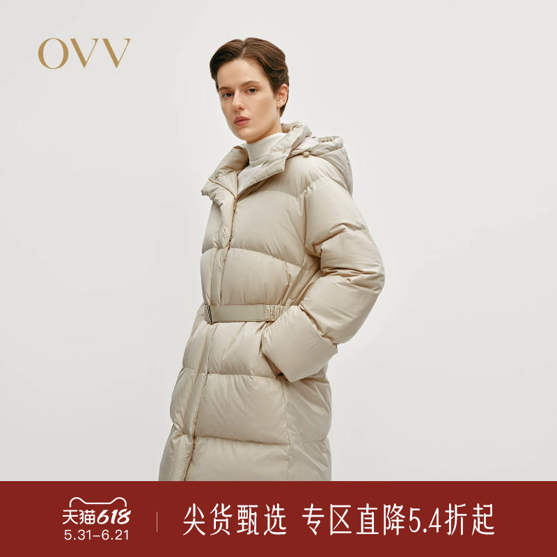 OVV秋冬热卖女装大横格绗线高领可拆卸连帽羽绒服外套