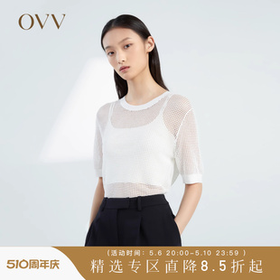 镂空短袖 OVV春夏热卖 基础圆领弹力干爽时尚 女装 针织衫