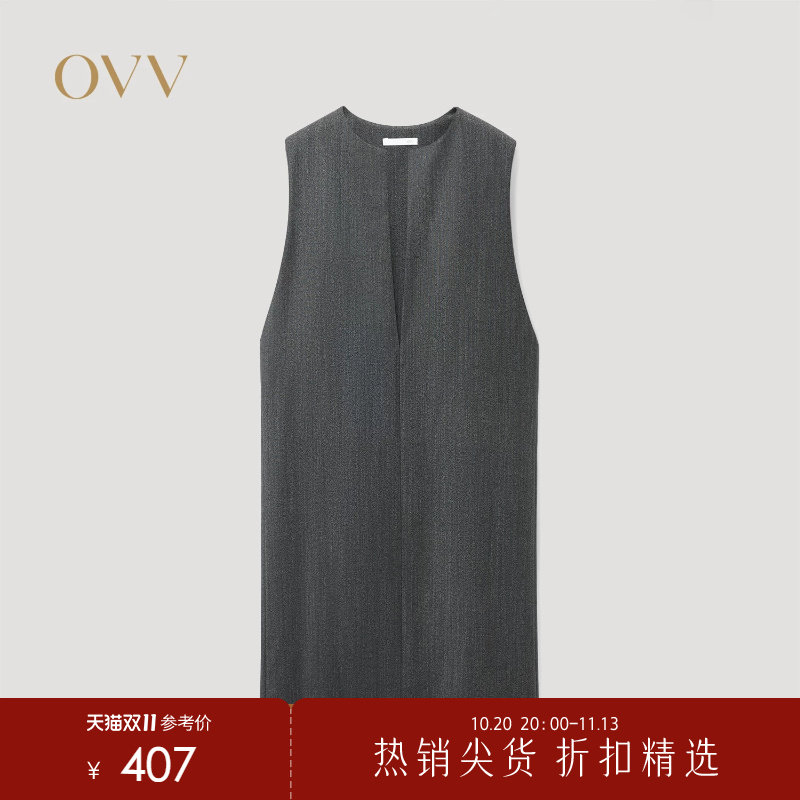 OVV秋冬热卖女装后开衩设计舒适深V直筒无袖连衣裙