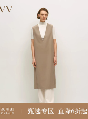 OVV秋冬热卖女装时尚深V领简约优雅羊毛背心连衣裙