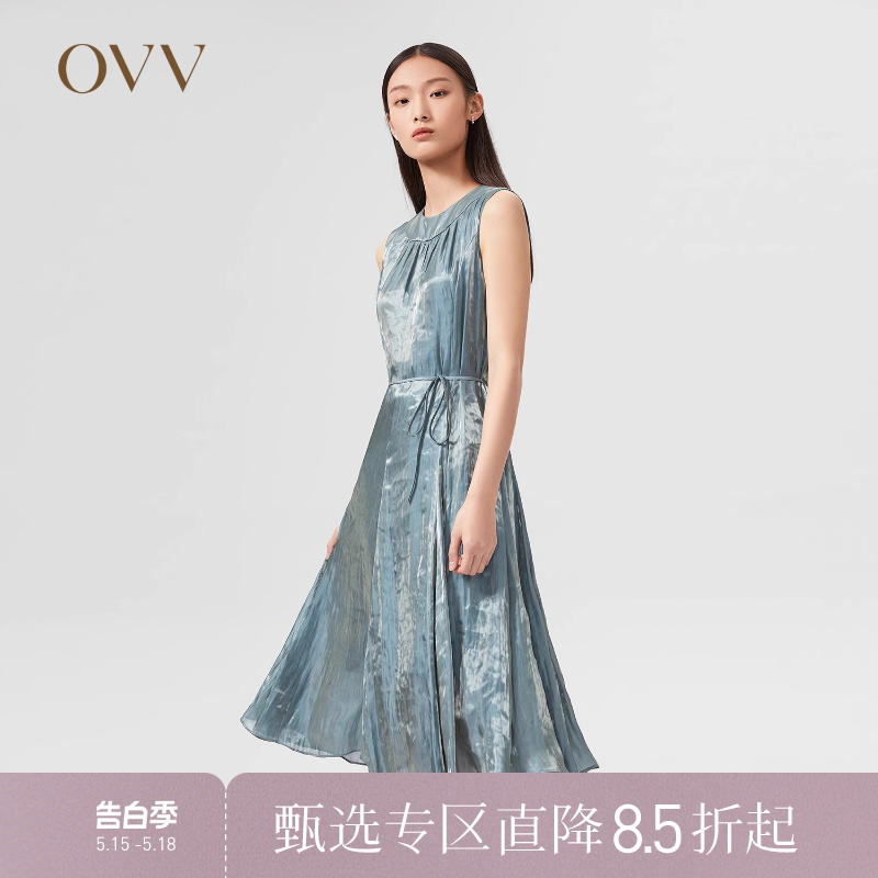 OVV春夏热卖女装日本进口割线纱面料金属层次优雅无袖连衣裙