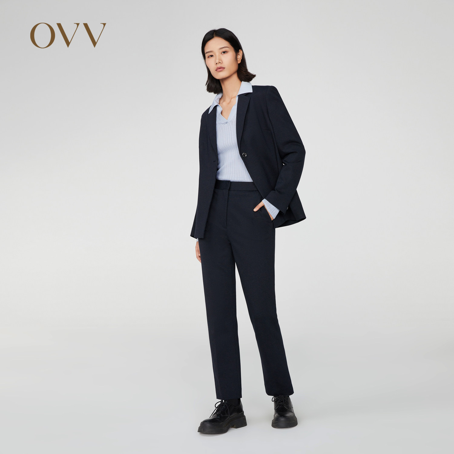 OVV秋冬新款女装暗条纹弹力罗马布休闲通勤套装西裤
