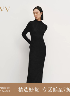 【黄金羊毛】OVV秋冬热卖女装高领撞色长袖针织连衣裙