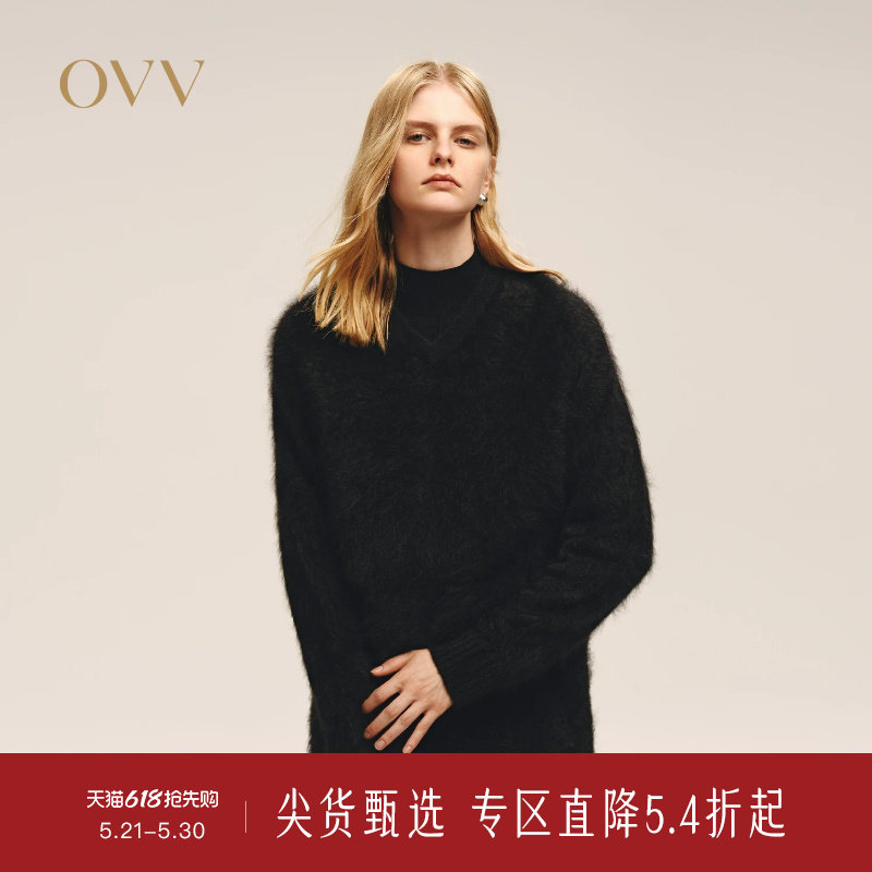 OVV秋冬新款女装优雅大气V领拉绒工艺长袖羊绒衫
