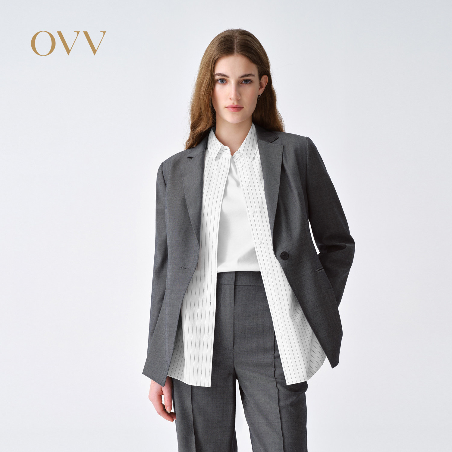 OVV2026春夏新款女装双色斜纹仿牛仔羊毛面料高级休闲西服