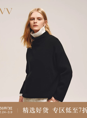 OVV2025秋冬新款女装双层撞色高领羊毛混纺休闲长袖针织衫