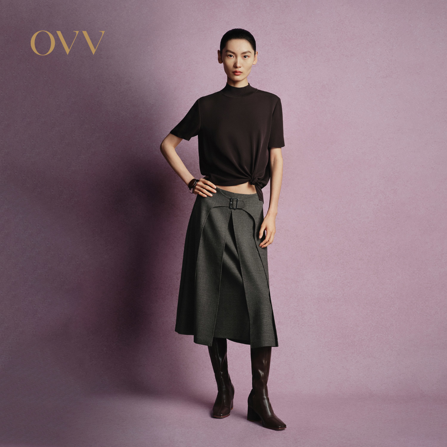 OVV秋冬热卖女装不规则格纹肌理感羊毛混纺A字半身裙