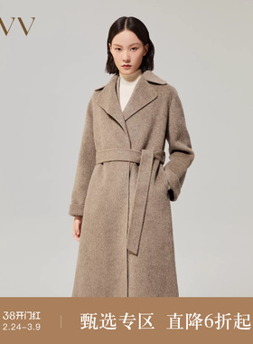OVV秋冬女装光泽雅致翻领优雅随性腰带睡袍式羊毛大衣