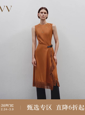 OVV秋冬新款女装不规则流苏下摆装饰皮扣复古无袖连衣裙