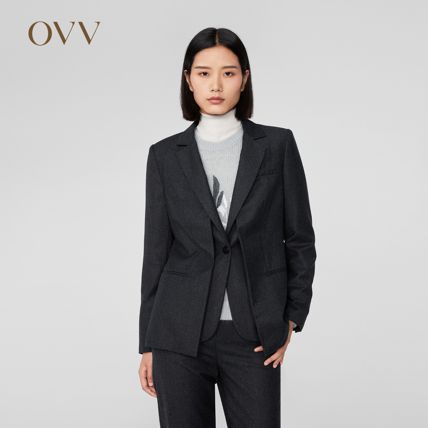 OVV秋冬新款女装假两件套金银丝羊毛套装休闲西服外套