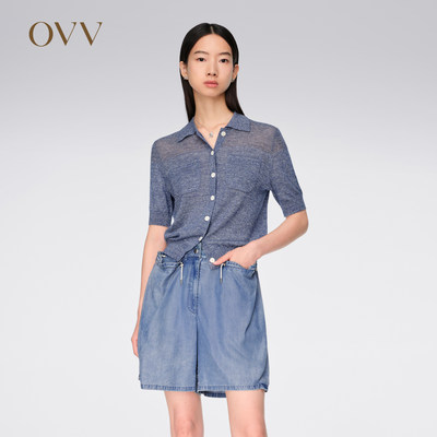 OVV2024春夏新款女装亚麻羊毛混纺花纱翻领休闲短袖针织衫