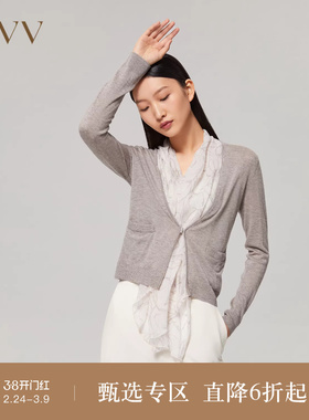 OVV秋冬女装水溶性羊毛拼接真丝印花长袖针织外套
