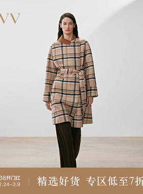 OVV2025秋冬新款女装一字领时髦格纹中长款羊毛大衣