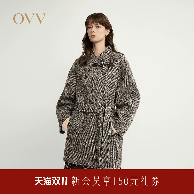 OVV2026秋冬新款女装花纱羊毛混纺优雅系带休闲大衣