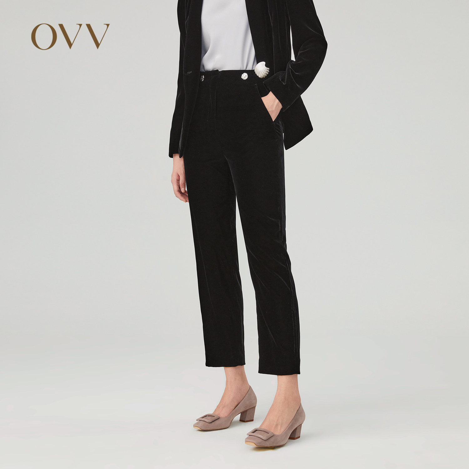 OVV秋冬新款女装日本进口丝绒面料无腰后腰橡筋套装西裤