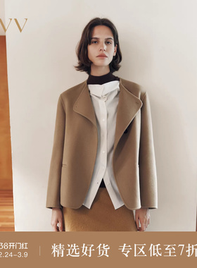 OVV2025秋冬新款女装不对称圆弧休闲羊毛圆领短款大衣