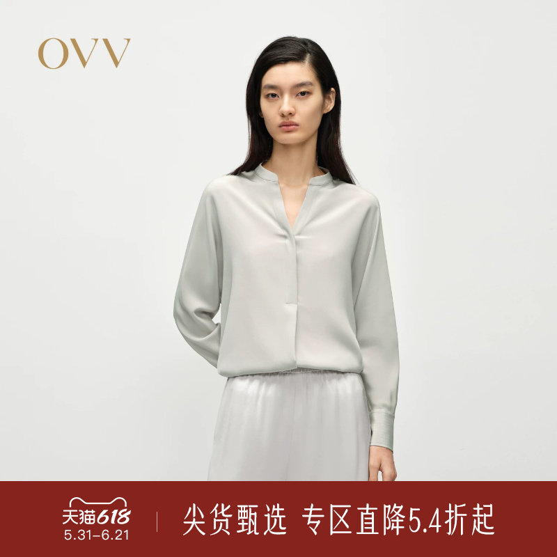 OVV春夏新款女装淡人22MM弹力重绉V型小立领桑蚕丝长袖衬衫
