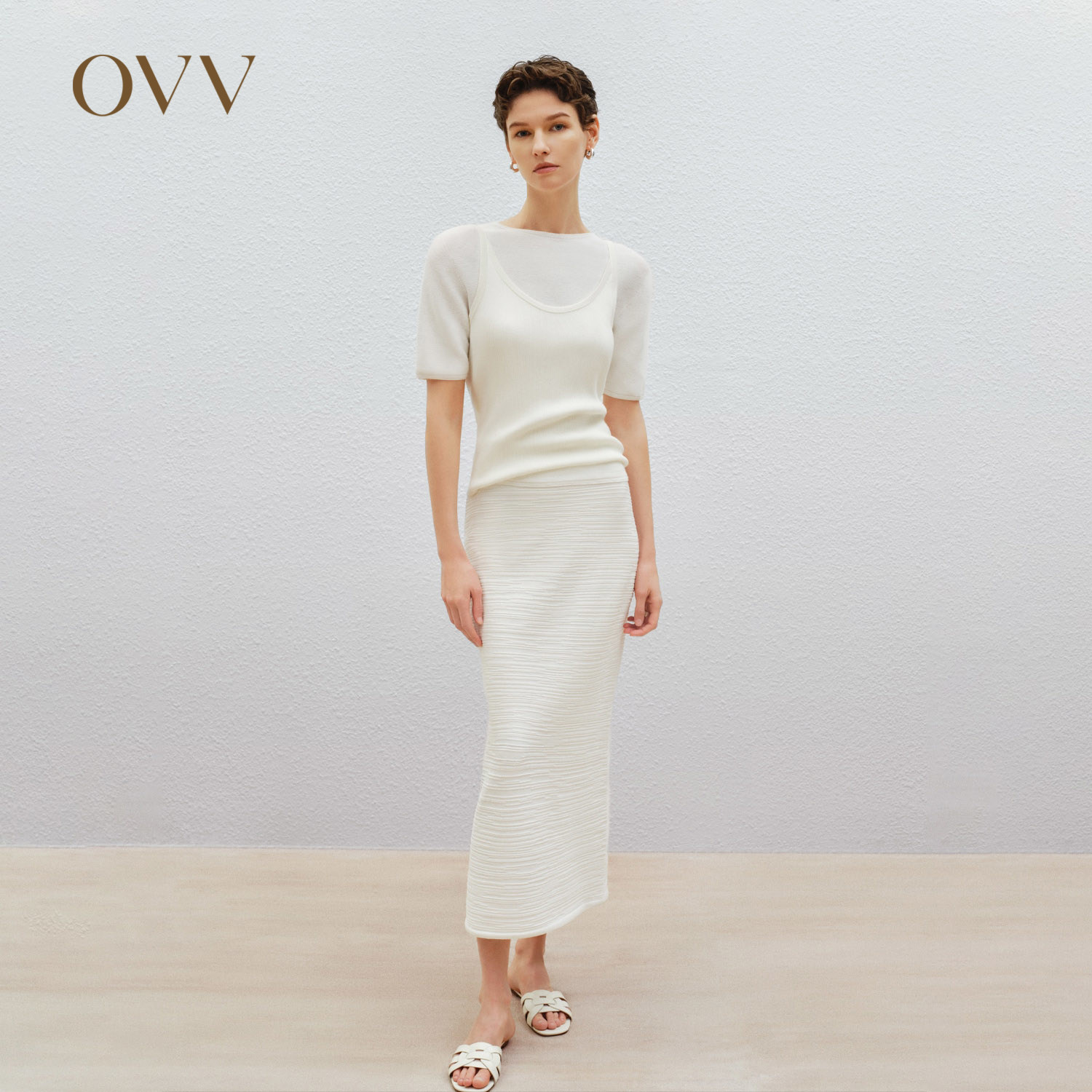 OVV春夏热卖女装简约基础休闲开衩直筒针织半身裙