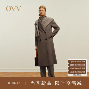 OVV秋冬热卖 复古平驳领双排扣中长双面呢羊毛大衣 女装