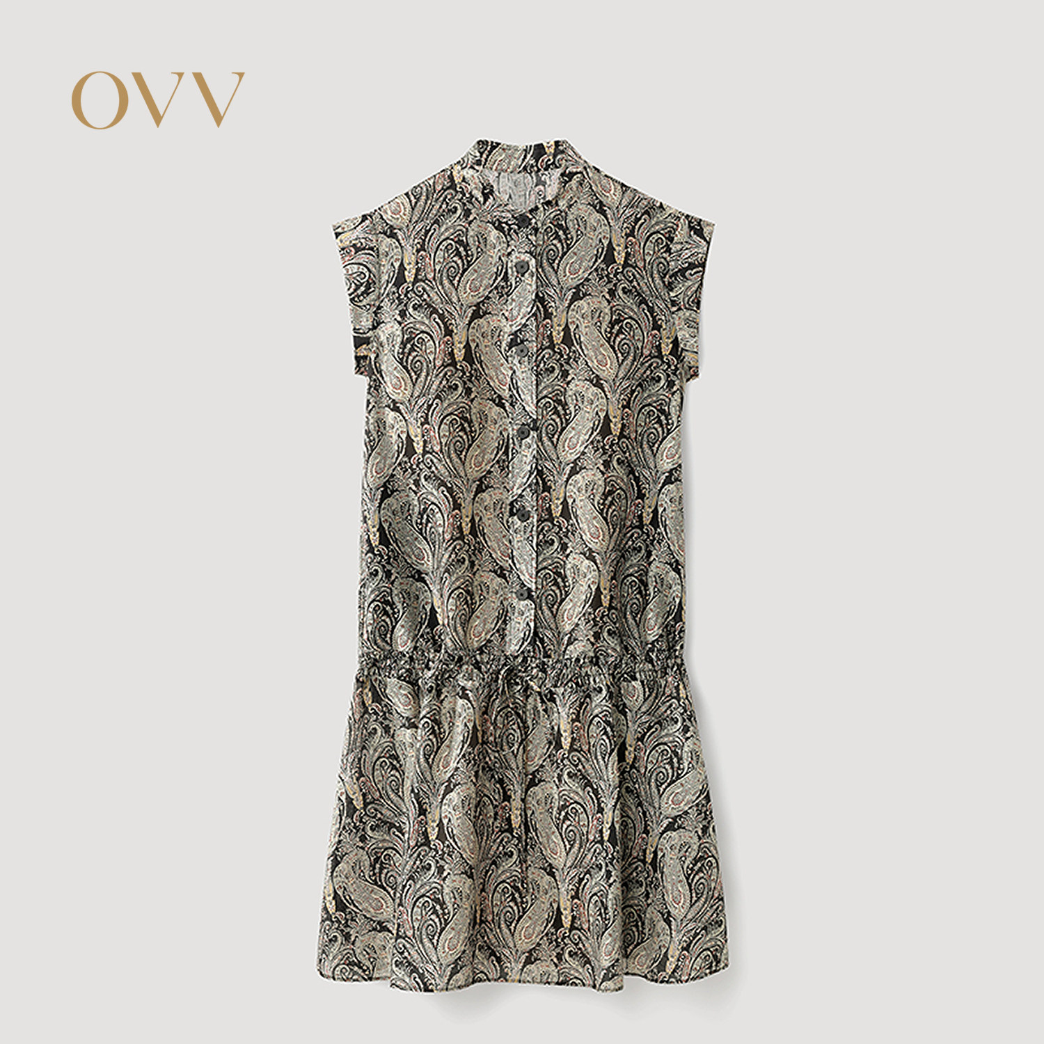 OVV2026秋冬新款女装经典复古佩斯利印花短袖连衣裙