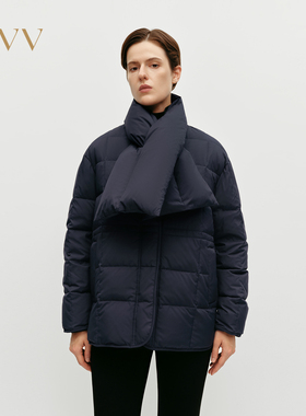 OVV秋冬热卖女装格子绗线轻薄可拆卸围巾羽绒服外套