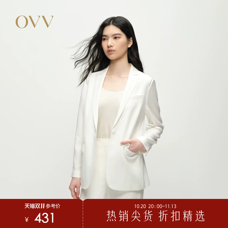 OVV春夏热卖女装淡人醋酸仿麻平驳领一粒扣休闲西服外套