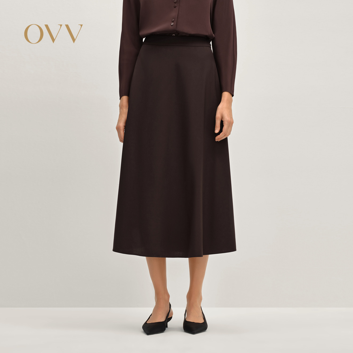 OVV2025秋冬新款女装羊毛混纺后松紧腰简约A字半身裙