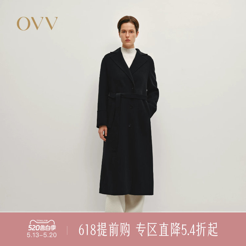 OVV秋冬热卖女装优雅平驳领随附腰带中长羊毛双面呢大衣