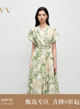 OVV2025春夏新款女装温柔优雅叠门襟清新印花飞袖连衣裙