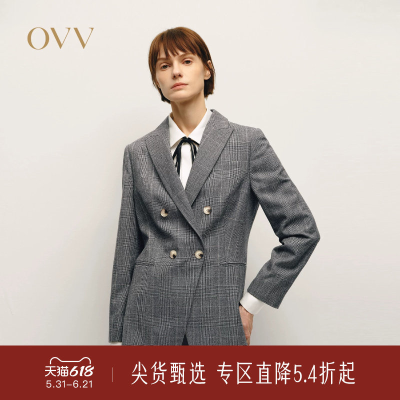 OVV秋冬热卖女装双排扣戗驳领格纹设计休闲西服外套