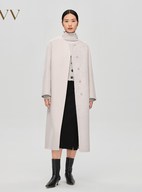 OVV秋冬新款女装羊毛双面呢拼环保皮草配腰带长款大衣