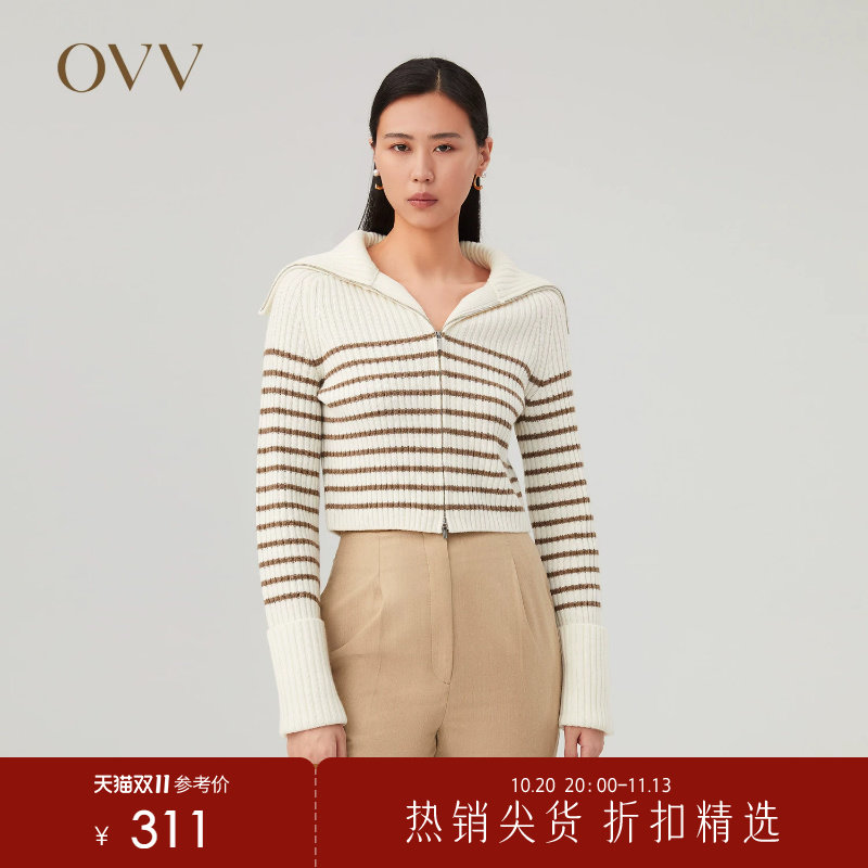 OVV秋冬热卖女装羊毛羊绒条纹大翻领休闲感短款针织外套