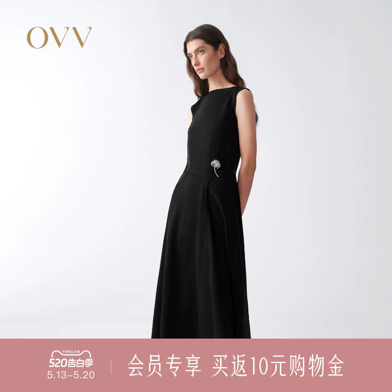 OVV2026春夏新款女装一字领无袖连衣裙休闲A字小黑裙