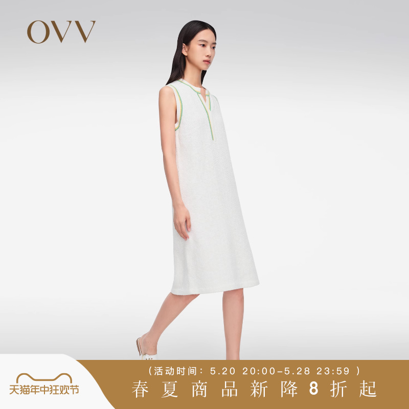 OVV2024春夏新款女装H型运动时尚V领休闲无袖针织连衣裙