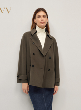 OVV2025秋冬新款女装复古双排扣大翻领休闲易搭羊毛短大衣