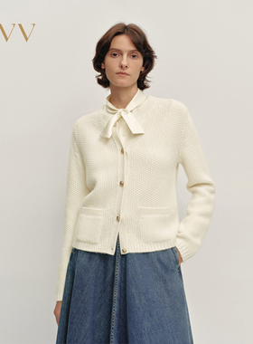 OVV2025秋冬新款女装复古立体绞花肌理感羊绒长袖针织外套