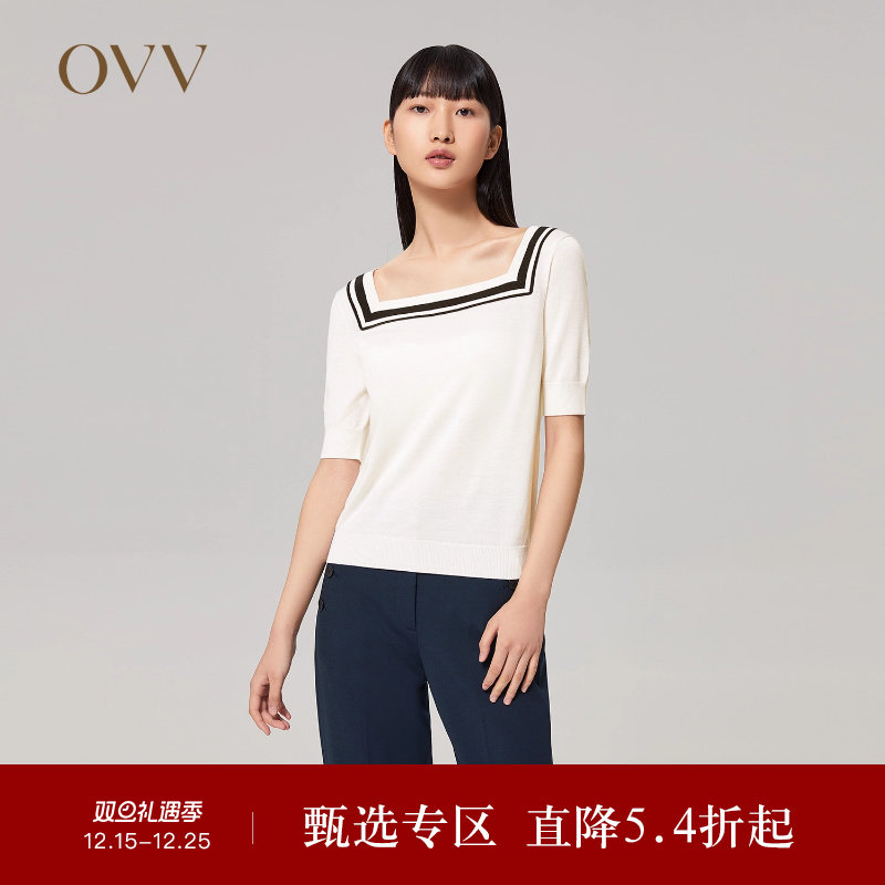 OVV秋冬女装真丝羊毛复古方领法式浪漫撞色短袖针织衫