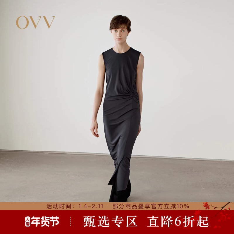 OVV2025春夏新款女装淡人不对称抽褶设计圆领直筒无袖连衣裙