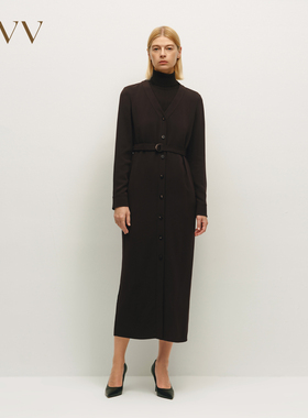 OVV秋冬热卖女装时尚V领休闲单排扣通勤直筒长袖连衣裙