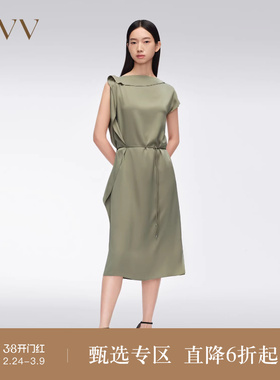 OVV春夏热卖女装22MM弹力双乔桑蚕丝一字领落肩袖连衣裙