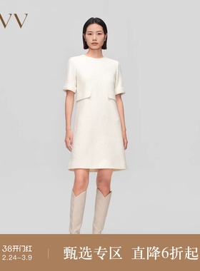 OVV秋冬新款女装针织羊毛珠片点缀中长款直筒短袖连衣裙